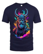 Viking Warrior T-Shirt Neon Norse Art on Soft Cotton - navy t-shirt on white background