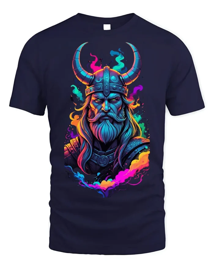 Viking Warrior T-Shirt Neon Norse Art on Soft Cotton - navy t-shirt on white background