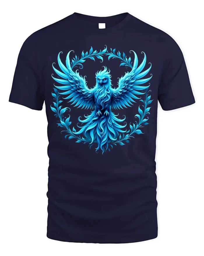 Majestic Blue Phoenix Art T-Shirt Soft Cotton - navy t-shirt on white background