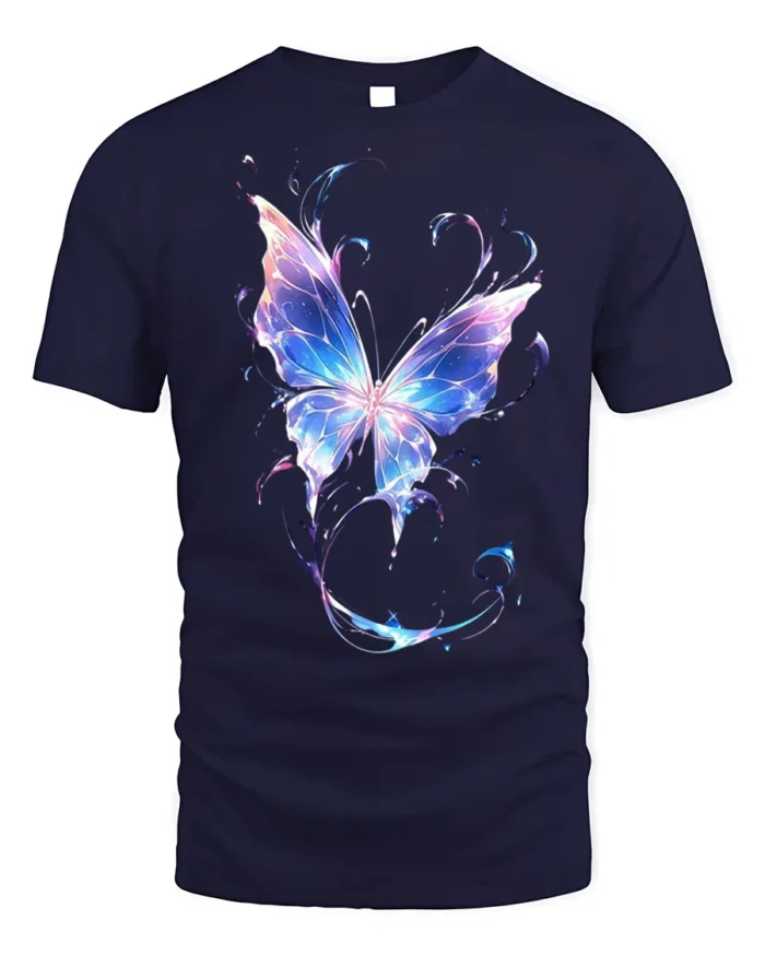 Vibrant Galaxy Butterfly T-Shirt Soft Cotton - navy t-shirt on white background