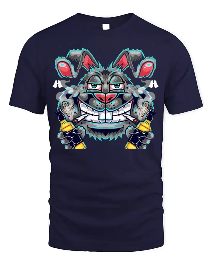 Crazy Bunny Graffiti T-Shirt Street Art Cotton - navy t-shirt on white background