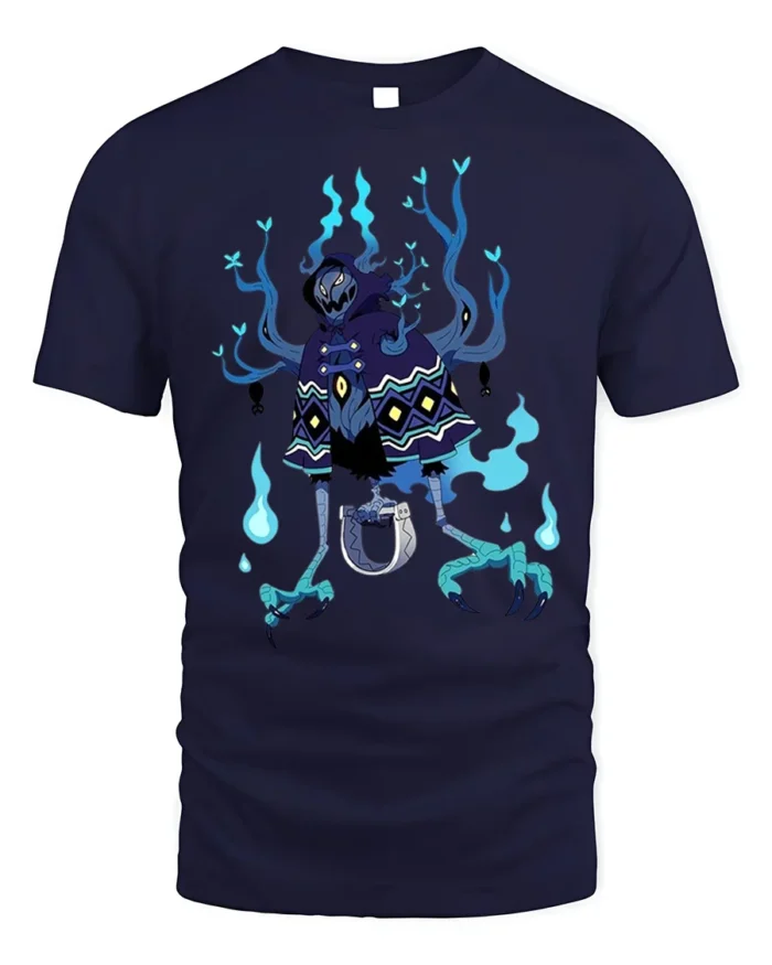 Dark Spirit Reaper T-Shirt Blue Flame Skeleton - navy t-shirt on white background