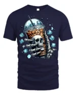 Iced Coffee Skull T-Shirt Cool Gothic Barista - navy t-shirt on white background