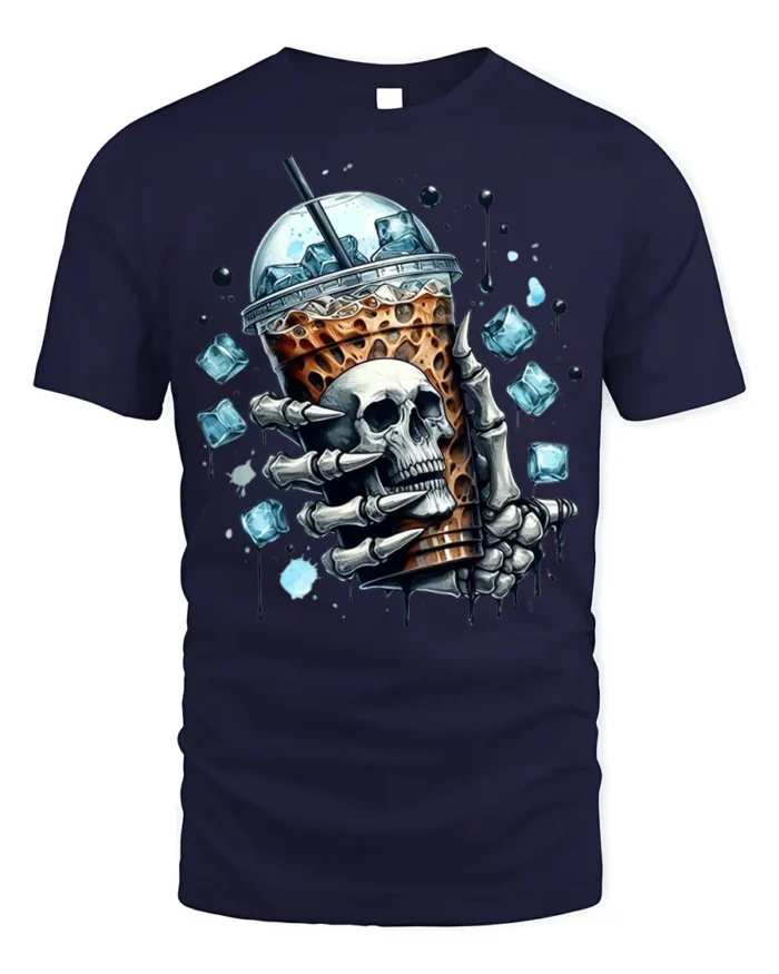 Iced Coffee Skull T-Shirt Cool Gothic Barista - navy t-shirt on white background