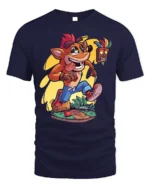 Retro Gamer T-Shirt Fun Orange Cartoon Mascot - navy t-shirt on white background
