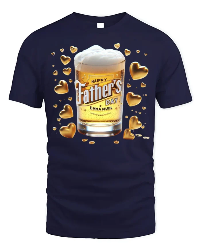 Happy Father’s Day T-Shirt Beer Glass Gold Hearts - navy t-shirt on white background