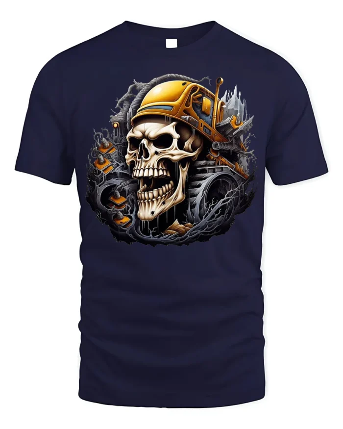 Skull Bulldozer T-Shirt Heavy Metal Construction - navy t-shirt on white background