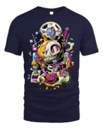 Trippy Cat Skull T-Shirt Psychedelic Gamer Streetwear - navy t-shirt on white background