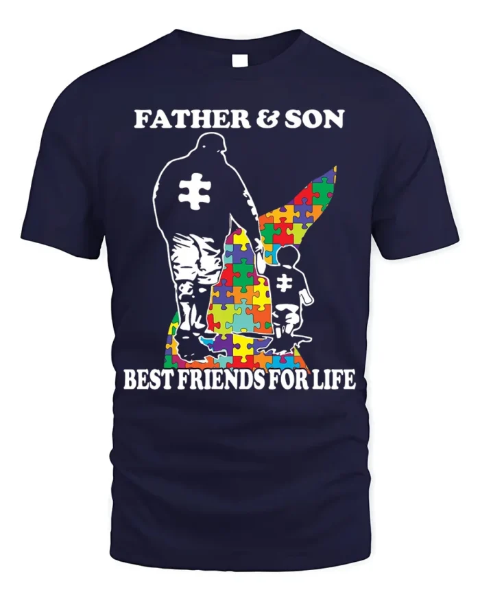 Father Son Best Friends Puzzle Autism Support T-Shirt - navy t-shirt on white background