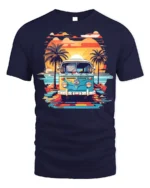 Retro Van Sunset Beach Vibes Summer Vacation T-Shirt - navy t-shirt on white background