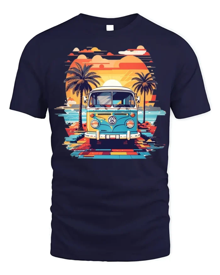Retro Van Sunset Beach Vibes Summer Vacation T-Shirt - navy t-shirt on white background