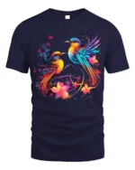 Colorful Birds and Flowers Art T-Shirt for Nature Lovers - navy t-shirt on white background
