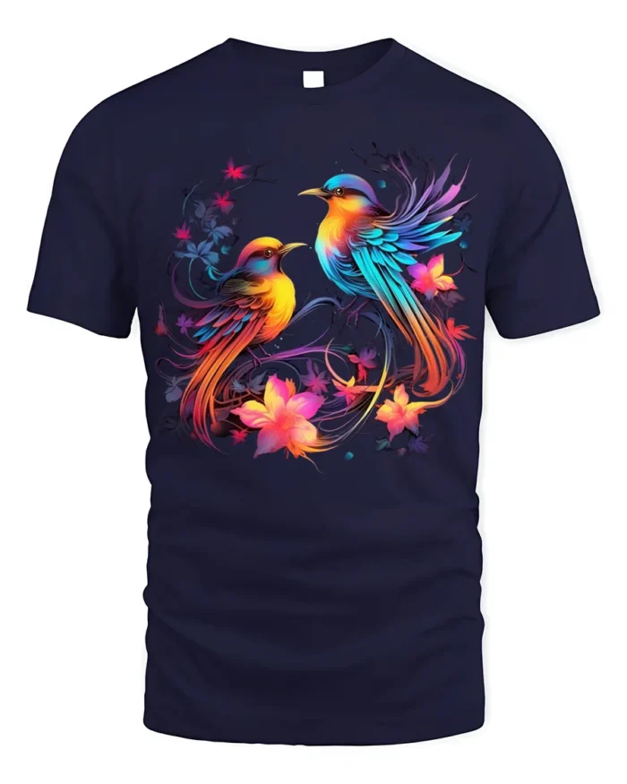 Colorful Birds and Flowers Art T-Shirt for Nature Lovers - navy t-shirt on white background