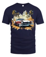 Classic Vintage Car T-Shirt with Palm Trees Retro Design - navy t-shirt on white background