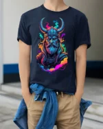 Viking Warrior T-Shirt Neon Norse Art on Soft Cotton - model wearing navy shirt, hands in pockets