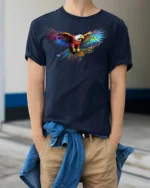American Eagle Rainbow Wings T-Shirt Freedom - model wearing navy shirt, hands in pockets
