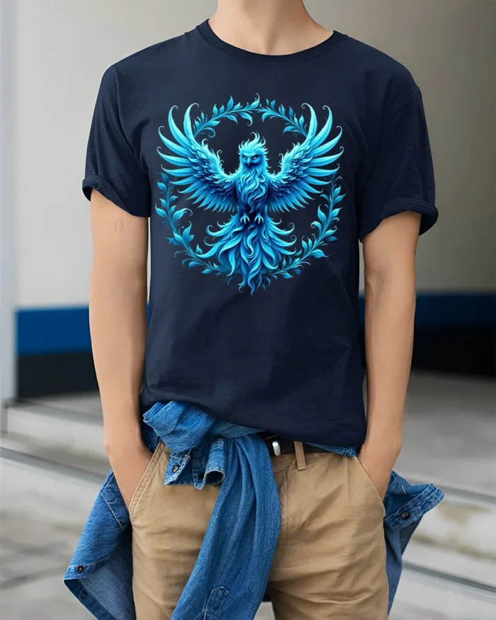 Majestic Blue Phoenix Art T-Shirt Soft Cotton - model wearing navy shirt, hands in pockets