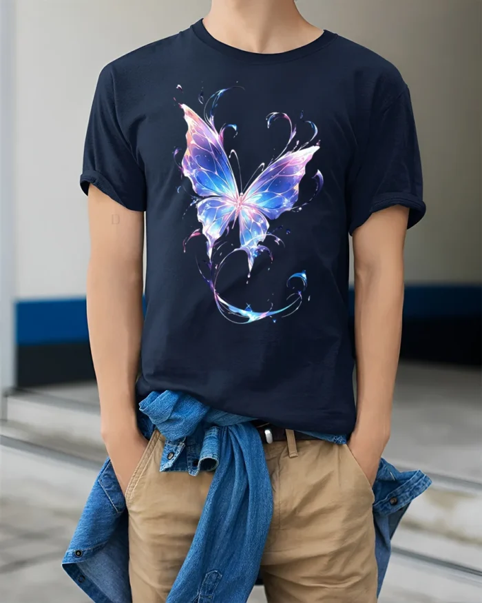 Vibrant Galaxy Butterfly T-Shirt Soft Cotton - model wearing navy shirt, hands in pockets