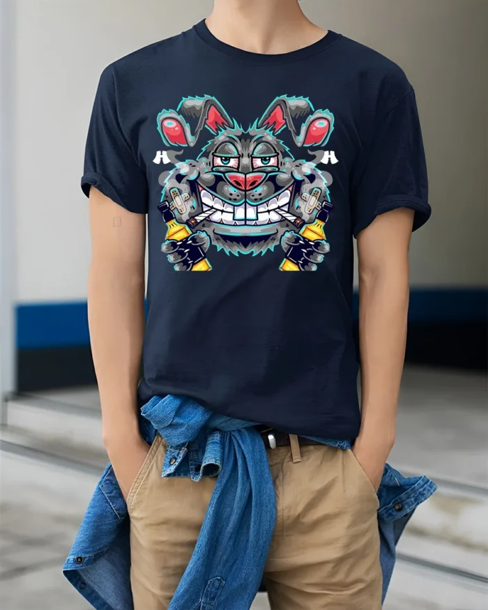Crazy Bunny Graffiti T-Shirt Street Art Cotton - model wearing navy shirt, hands in pockets