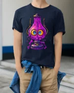 Trippy Purple Lamp T-Shirt Psychedelic Cartoon - model wearing navy shirt, hands in pockets