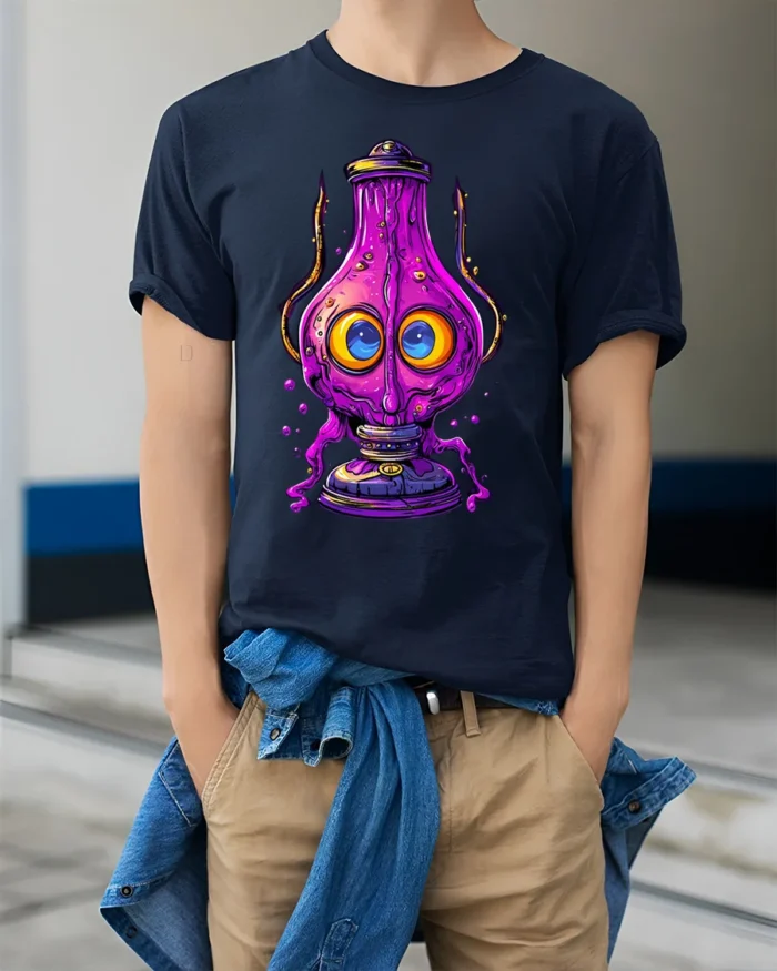 Trippy Purple Lamp T-Shirt Psychedelic Cartoon - model wearing navy shirt, hands in pockets