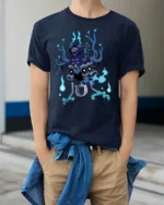 Dark Spirit Reaper T-Shirt Blue Flame Skeleton - model wearing navy shirt, hands in pockets