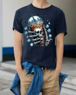 Iced Coffee Skull T-Shirt Cool Gothic Barista - model wearing navy shirt, hands in pockets