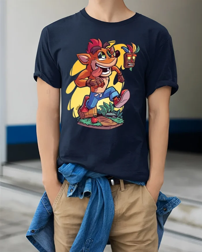 Retro Gamer T-Shirt Fun Orange Cartoon Mascot - model wearing navy shirt, hands in pockets