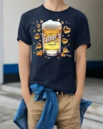 Happy Father’s Day T-Shirt Beer Glass Gold Hearts - model wearing navy shirt, hands in pockets