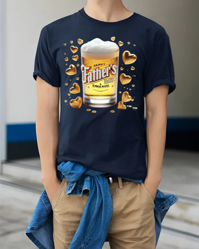 Happy Father’s Day T-Shirt Beer Glass Gold Hearts - model wearing navy shirt, hands in pockets