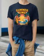 Summer Time Beach T-Shirt Tropical Surf Vibe - model wearing navy shirt, hands in pockets