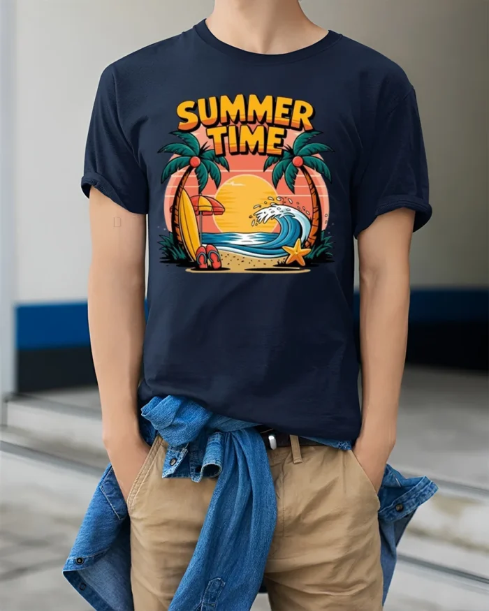 Summer Time Beach T-Shirt Tropical Surf Vibe - model wearing navy shirt, hands in pockets