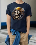 Skull Bulldozer T-Shirt Heavy Metal Construction - model wearing navy shirt, hands in pockets