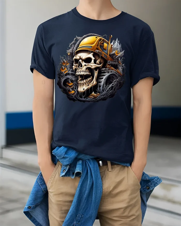 Skull Bulldozer T-Shirt Heavy Metal Construction - model wearing navy shirt, hands in pockets