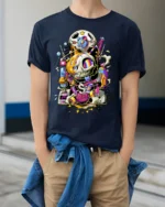 Trippy Cat Skull T-Shirt Psychedelic Gamer Streetwear - model wearing navy shirt, hands in pockets