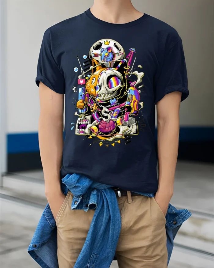 Trippy Cat Skull T-Shirt Psychedelic Gamer Streetwear - model wearing navy shirt, hands in pockets