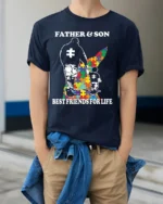 Father Son Best Friends Puzzle Autism Support T-Shirt - model wearing navy shirt, hands in pockets