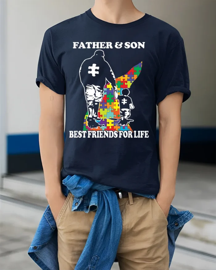 Father Son Best Friends Puzzle Autism Support T-Shirt - model wearing navy shirt, hands in pockets