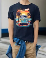 Retro Van Sunset Beach Vibes Summer Vacation T-Shirt - model wearing navy shirt, hands in pockets