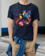 Colorful Birds and Flowers Art T-Shirt for Nature Lovers - model wearing navy shirt, hands in pockets