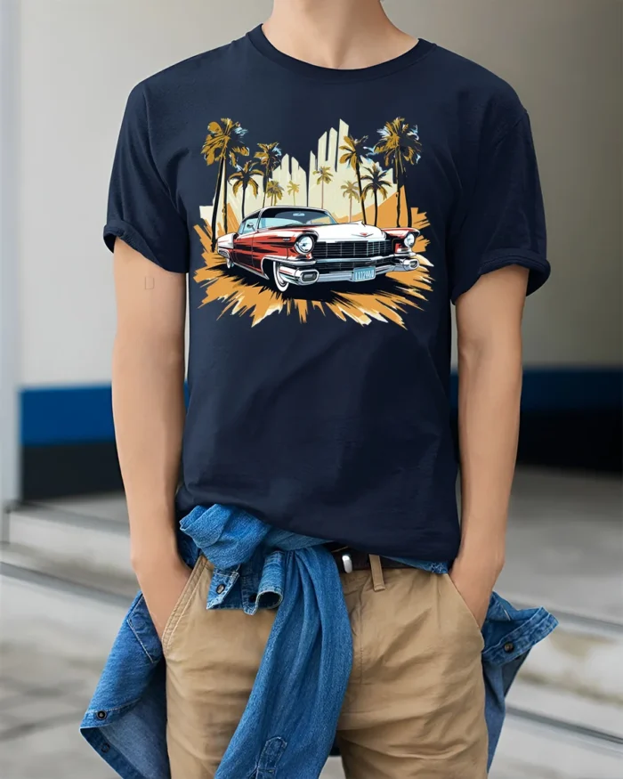 Classic Vintage Car T-Shirt with Palm Trees Retro Design - model wearing navy shirt, hands in pockets