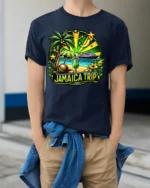 Jamaica Trip Souvenir T-Shirt Tropical Cruise Beach - model wearing navy shirt, hands in pockets