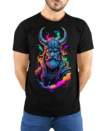 Viking Warrior T-Shirt Neon Norse Art on Soft Cotton - model wearing black shirt, hands behind back