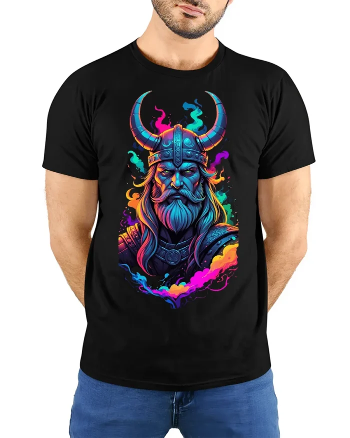 Viking Warrior T-Shirt Neon Norse Art on Soft Cotton - model wearing black shirt, hands behind back