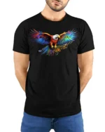 American Eagle Rainbow Wings T-Shirt Freedom - model wearing black shirt, hands behind back