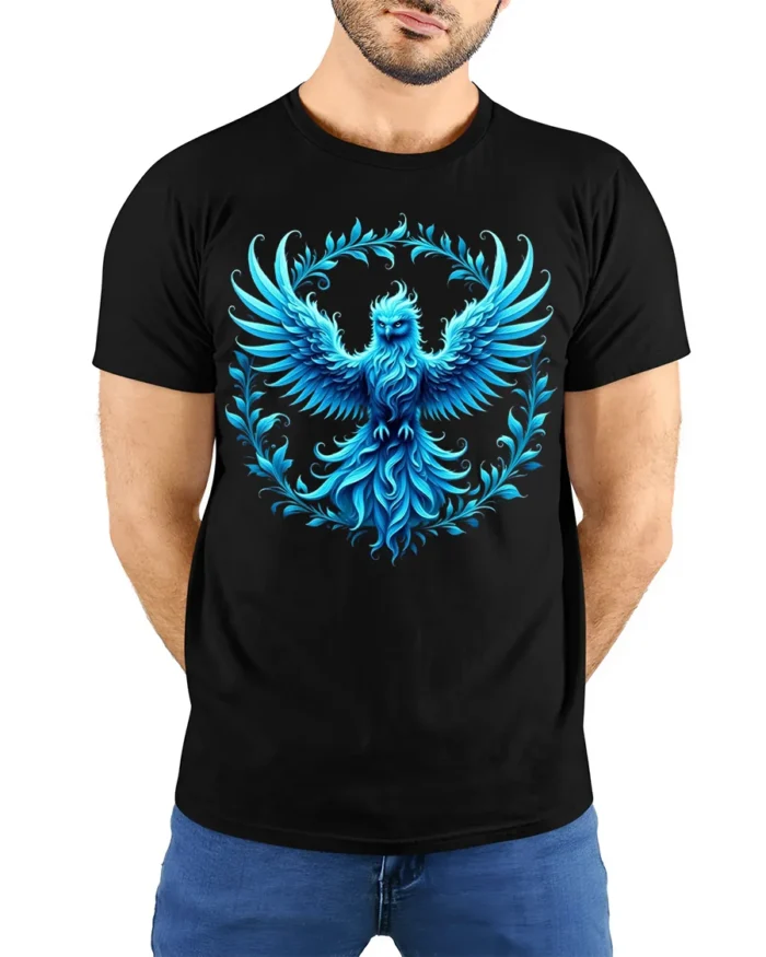 Majestic Blue Phoenix Art T-Shirt Soft Cotton - model wearing black shirt, hands behind back