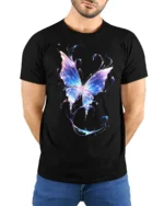 Vibrant Galaxy Butterfly T-Shirt Soft Cotton - model wearing black shirt, hands behind back