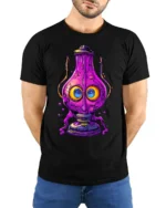 Trippy Purple Lamp T-Shirt Psychedelic Cartoon - model wearing black shirt, hands behind back