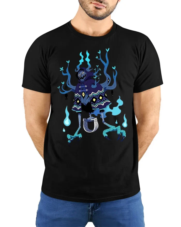 Dark Spirit Reaper T-Shirt Blue Flame Skeleton - model wearing black shirt, hands behind back