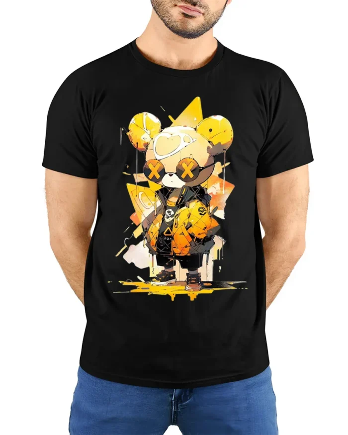 Urban Yellow Bear T-Shirt Cool Streetwear Cartoon - model wearing black shirt, hands behind back